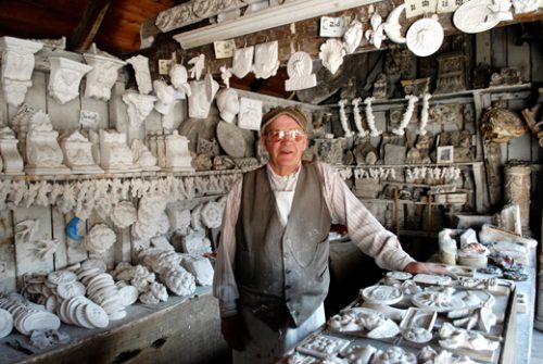 photograph of man in architectural plaster workshop in Living Victorian Village, Blists Hill, Telford