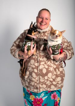 Emma (43) was born on the estate. She has a busy household with three children (Jordan age 19, Parris, age 5 and Kaedn age 4) and many animals: Popcorn the rabbit, four cats (Lunar, Star, Baby, Milo), turtles, terrapins, and fish.
She is pictured here with her chihuahuas: Bayley age 5 and CC age 6.